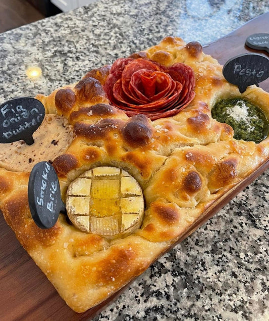 Sourdough focaccia, charcuterie, bread board