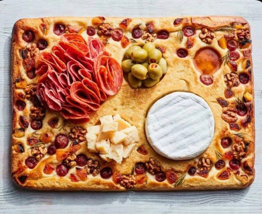 Sourdough focaccia, charcuterie, bread board